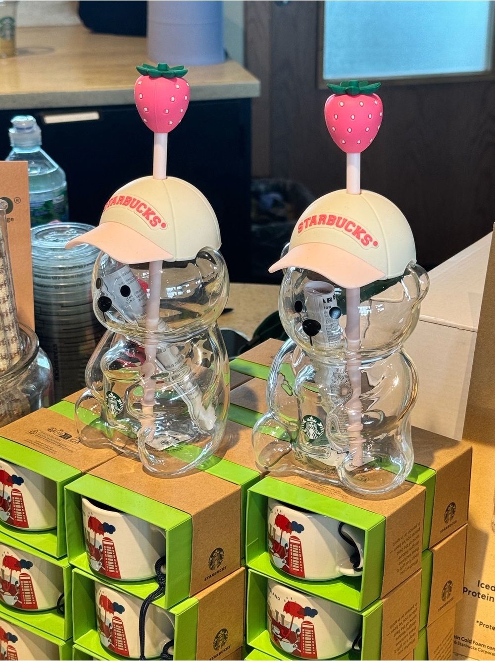 Starbucks Clear Bear Straw Cup with Pink Strawberry Top and Cream Cap